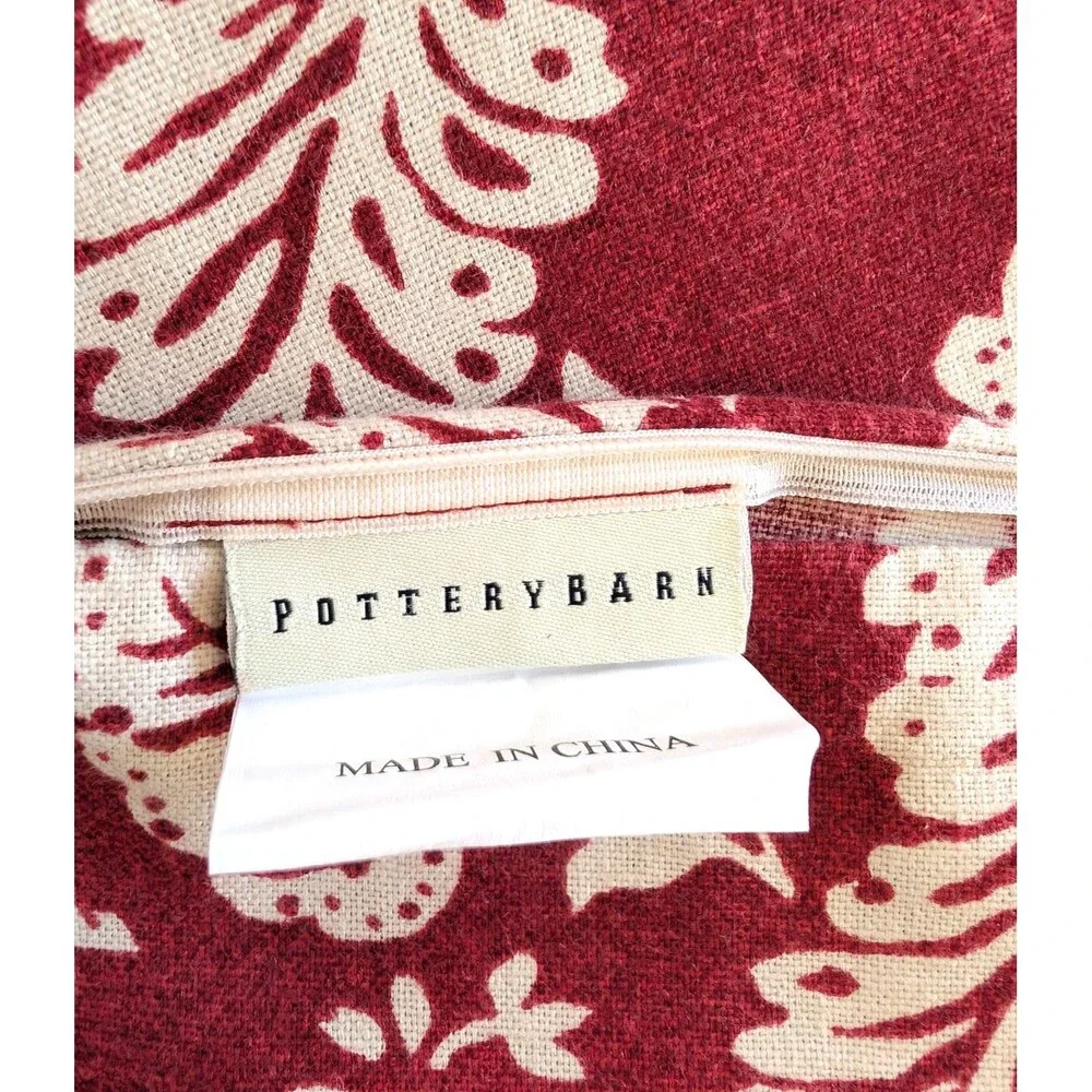 POTTERY BARN 12x20 COTTON LINEN LUMBAR PILLOW COVER RED / IVORY JACOBEAN FLORAL